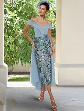 abordables Robes de cocktail-Robes cocktail brodées en colonne bleu vert vintage invitée à un mariage longueur cheville manches courtes épaules dénudées convertible crêpe extensible avec fente