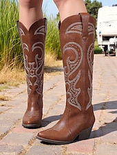 ieftine Cizme Cowboy &amp; Western-cizme de cowboy occidentale de damă cu design brodat – cizme elegante maro cu toc bloc pentru festivaluri de muzică, îmbrăcăminte casual și evenimente în aer liber