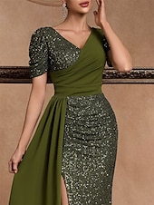 abordables Robes de bal-Robes de Quinceanera A-Line Robe élégante Mariage formel Longueur au sol Manches courtes Col en V Pailletée avec sequins