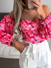 preiswerte Damen Grafik Tops-Damen Boho-Hemd Bluse Blume Modern Boho Langarm Schulterfrei Normale Oberteile Täglich Ausgehen Druck Erröten Sie Rosa Rosa Wein Rote Purpur Sommer