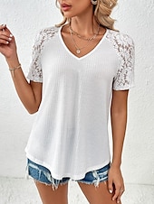 ieftine tricou simplu-Pentru femei Tricou Simplu Modă Stilat Modern Manșon scurt În V Topuri obișnuite Zilnic Sfârșit de săptămână Dantelă Peteci Negru Alb Roșu-aprins Trifoi Vară
