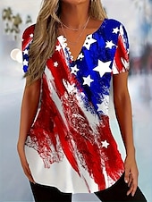 cheap Independence Day Top-Independence Day Women&#039;s Blouse Flag Stylish Casual Beach Short Sleeve V Neck Regular Tops Daily Buttons Print White Wine Red Blue Summer