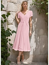 abordables Longueur du thé-Ligne A Robe de Mère de Mariée  Élégant Simple Minimaliste Col en V Longueur thé Chiffon Manche Courte avec Plis Froncé 2025