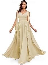 baratos Vestidos de Noite-Vestidos de Quinceanera A-Line Vestido Elegante Performance Natal Comprimento do Chão Sem Mangas Decote V Chiffon Costas Nuas com Pregas