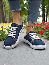 economico Sneakers da donna-Sneakers slip-on da donna in tela verde con lacci – comode scarpe da ginnastica senza schienale, ideali per passeggiate, shopping, corse a scuola e giornate estive informali