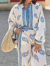 economico Set in cotone e lino-Per donna Moda Streetwear Camicie di cotone e lino Set di biancheria in cotone Set di Pantaloni Manica Lunga Colletto a Camicia Geometrico Stampato Abbigliamento quotidiano Data Beige Estate