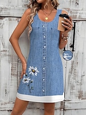 ieftine rochie florală-Pentru femei Rochie Mini Rochie de Vară Rochie A line Rochie de vară Vacanță Casual Zilnic Fit regulat Floral Grafic Fără manșon În U Bleumarin Albastru piscină Vară
