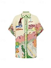 abordables Ensembles-Femmes Mode Streetwear Chemises en coton et lin Ensembles en coton et lin Ensembles de Shorts Manche Courte Col de chemise Graffiti Imprimé Tenue quotidienne Date Vert Été Coupe régulière