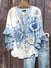 tanie Kwiatowe topy-Damskie Bluzka Ombre Kwiaty Graficzny Elegancja Bohema Elegancki Rękaw 3/4 W serek Zwykłe topy Codzienny Święto Ubrania wakacyjne Falbana Nadruk Blush Pink Jasnozielony Jasnoniebieski Lato Wiosna