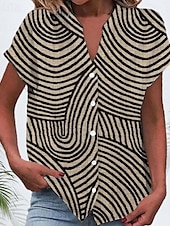 abordables Tops à Rayures et Géométriques pour Femmes-Blouse Femme Col V Boutonnée Blouse Graphique Rayée Vintage Quotidienne Stylée Manches Courtes Col Notched Tops Réguliers Quotidien Imprimé Boutons Bleu Marron Été Printemps