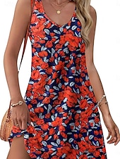 levne Neformální květinové šaty-Dámské Mini šaty Boho šaty Elegantní Na běžné nošení Plážový styl Volný Cikánské Bez rukávů Do V aqua modrá Colourful Bílá Rubínově červená Léto