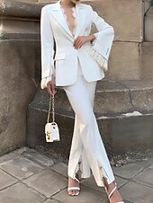 abordables Costumes-pantalons pour maman-Combinaison ivoire  ensemble de pantalon pour mère de la mariée ensemble blazer élégant vintage simple décolleté V col longueur cheville en crêpe à manches longues avec fente et bord scallopé en