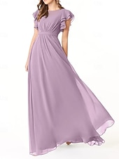 baratos Vestidos para Madrinhas-Vestido de dama de honra em corte A, gola redonda, manga longa, elegante, longo, chiffon com pregas / franzido 2025