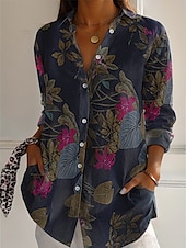 halpa Paidat-naisten boho-paita, puuvillainen pellavapaita, napitettava pusero, kukkakuvio, geometrinen kuviollinen, rento pitkähihainen paita, kuninkaansininen, violetti, khaki, toile, koti, juhla, elegantti, neutraali, päivittäinen paitakaulus, löysä istuvuus, S