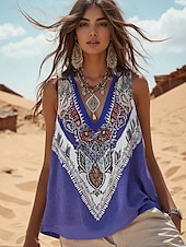 olcso Boho ujjatlan felső-Női Camisole Tank Top Virágos Grafika Csehország Napi Etno Ujjatlan V-alakú Normál felsők Napi Szabadság Alkalmi Medence Nyár Tavasz