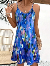 abordables Art &amp; Design Robe-Femmes Mini Robe Robe trapèze Robe d&#039;été Robe Nuisette Vacances Occasionnel Coupe régulière Graphique Bloc de Couleur Abstrait Sans manches Col en V Bleu Orange Été Printemps