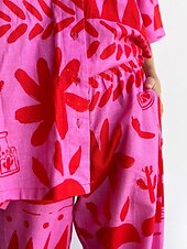 abordables Ensembles-Femmes Mode Streetwear Chemises en coton et lin Ensembles en coton et lin Ensembles de Pantalons Manche Courte Col de chemise Fleuri Imprimé Tenue quotidienne Date Rose Claire Été Coupe régulière