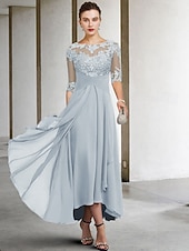voordelige Vloerlengte-A-Lijn Moeder van de Bruid Jurk Bruidsgast Elegant Plus Size Hoog Laag V-Hals Asymmetrisch Enkel Lengte Chiffon Kant Halve Mouw met Beading Applicaties gratis maatwerk