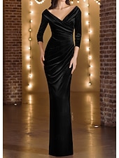 preiswerte ROT-Sammet Meerjungfrau  Trompete Abendkleid Elegantes Kleid Formelle Hochzeit Bodenlang 3/4 Länge Ärmel Off-Shoulder Porträtkragen mit gerafften