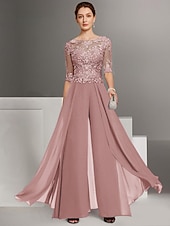 abordables Combinaisons pour maman-Combinaison deux pièces  tailleur mère de la mariée invitée de mariage église élégante petite décolleté bateau longueur sol chiffon manches mi-longues avec appliqués taille personnalisée gratuite