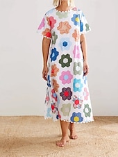ieftine proiectează rochii din bumbac și in-Pentru femei Rochie Lunga Rochie Maxi Rochii de in bumbac Rochie casual Modă În aer liber Petrecere Concediu Fit regulat Floare Manșon scurt Stil Nautic Alb Vară