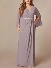 preiswerte Bodenlänge-A-Linie Brautmutterkleid Hochzeitsgast Elegant V Ausschnitt Bodenlang Chiffon Spitze Langarm mit Falten Perlenstickerei Raffung 2025