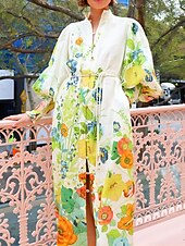 ieftine Rochii casual florale-Pentru femei Rochie Lunga Rochie Maxi Rochii de in bumbac Rochie casual Modă Mâneci Bufante În aer liber Petrecere Concediu Fit regulat Floare Manșon Lung Guler Cămașă Trifoi Vară