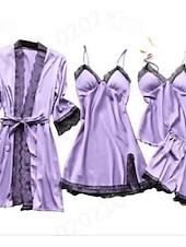billiga Sovkläder till damer-pyjamasset för kvinnor 4 stycken ren färg enkel avslappnad mjuk hem daglig säng polyester andas v wire långärmad dräkt topp shorts resår midja sommar vår hem outfits
