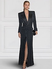 cheap Floor Length-Blazer Dress Mermaid / Trumpet Evening Gown Elegant Dress Pinstripe Tuxedo Dress Zipper Up Wedding Guest Formal Floor Length Long Sleeve Peak lapel collar Satin with Pocket 2025