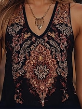 ieftine Top tip boho-Pentru femei Camisole Tank Top Floral Grafic Boemia Zilnic Έθνικ Fără manșon În V Topuri obișnuite Zilnic Concediu Ieșire Negru Vară Primăvară