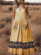 tanie Sukienki boho-Damskie Długa sukienka sukienka maxi Codzienne sukienki Sukienka rozkloszowana Letnie sukienki Sukienka Boho Zabytkowe Urlop Codzienny Święto Regularny Kwiaty Bez rękawów W serek Żółty Lato
