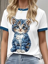 economico Maglietta Animali-Per donna Maglietta Grafico Animale Gatto Vintage Elegante Classico Manica Corta Girocollo Top Regolari Quotidiano Weekend Stampato Nero Bianco Blu Grigio Estate Primavera