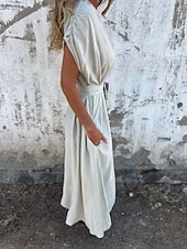 abordables concevoir des robes en coton et lin-Femmes Robe Longue Maxi Robe Robes en coton et lin Robe Décontractée Robe d&#039;été Mode Basique Moderne Quotidien Week-end Coupe régulière Uni Manche Courte Col en V Blanche Chameau Été