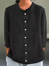cheap Plain Tops-Women&#039;s Cotton Linen Blouse Solid Color Elegant Stylish Casual 3/4 Length Sleeve Crew Neck Regular Tops Daily Holiday Buttons Black White Yellow Pink Blue Summer