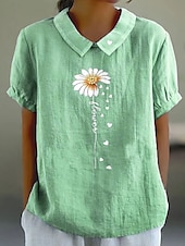billige Blomstrete topper-Dame Bluse Blomstret Grafisk Årgang Tropisk Stilfull Kortermet Peter Pan krage Vanlige topper Arbeid Daglig Trykt mønster Rosa Blå Grønn Grå Sommer Vår