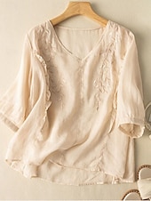 ieftine Cămăși-Cămașă de damă din bumbac și in, model floral, simplu, etnic, casual, mânecă 3/4, decolteu în V, croială regulată, topuri, zi de zi, brodat, galben, albastru marin, violet, portocaliu, caisă, vară