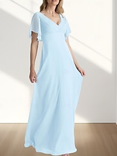 preiswerte Bodenlänge-A-Linie Brautmutterkleid Hochzeitsgast Elegant Süß V Ausschnitt Bodenlang Chiffon Kurzarm mit Raffung 2025