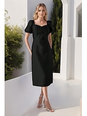 cheap Cocktail Dresses-Sky Blue Jacquard Dress Column Cocktail Dresses Midi Dress Formal Semi Formal Wedding Tea Length Short Sleeve Bubble Sleeve Sweetheart Neckline Wedding Guest Dress