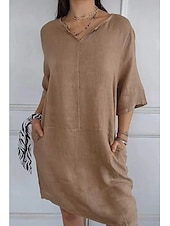abordables concevoir des robes en coton et lin-Femmes Mini Robe Robes en coton et lin Robe Décontractée Robe d&#039;été Basique Moderne Quotidien Week-end Coupe régulière Uni Manche 3/4 Col en V Noir Blanche Marron Gris Été