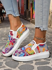 billige Sneakers til kvinner-Broderte slip-on sneakers til dame – fargerikt paisley-design med komfortabel såle, ideell for hverdagsbruk og trendy antrekk