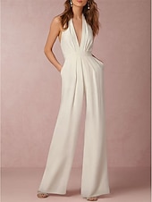 baratos vestidos de casamento casuais-Vestidos de casamento casuais sexy Hall Vestido Tuxedo Macacões Decote Halter Sem Mangas Longo em Satin Vestidos de Noiva Com Pregas