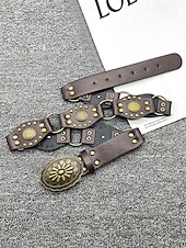 cheap Women&#039;s Belt-Women&#039;s Bohemian Western cowboy style belt with antique brass flower buckle, Adjustable tightness, Suitable for retro fashion, Casual or festival wear