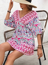 billiga Boho klänningar-Dam Mini klänning A linjeklänning Semester Ledigt Boho Utomhus Utekväll Normal Blommig Grafisk 3/4 ärm V-hals Fuchsia Sommar Vår
