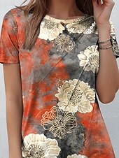 abordables T-shirt floral-Femmes T-shirt Fleuri Graphique ancien Élégant Classique Manche Courte Col ras du cou Col rond Hauts Réguliers Quotidien Imprimé Orange Été