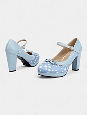 preiswerte Retro-Stil der 1950er Jahre-blaue Mary Janes mit gepunktetem Blockabsatz für Damen – Vintage-Stil der 50er Jahre mit Schleifen, ideal für Teepartys, Verabredungen und Lolita-Mode