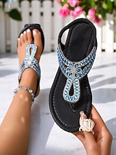 economico Sandali Piani-Sandali piatti da donna con cinturino a T e strass – comodi elastici, per le vacanze estive in spiaggia, da indossare tutti i giorni e per outfit estivi casual