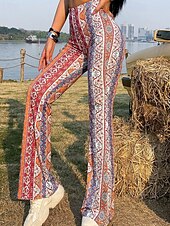 cheap Wide Leg &amp; High Waisted-Women&#039;s Bell Bottom Slacks Fashion Boho Full Length Natural Flower Elastic Waist Printing Outdoor Comfortable Holiday Going out Magenta Orange red Black Pink Summer Regular Fit