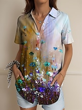abordables Hauts Floraux-Femmes Chemise A Ombre Fleuri Graphique ancien Tropical Quotidien Sans manches Manche Courte Col de chemise Hauts Réguliers Quotidien Jaune Rouge Bleu Violet Été Printemps