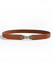 cheap Women&#039;s Belt-Women&#039;s Vintage Elastic Waist Belt with Bronze Scroll Buckle – Faux Leather Cinch Belt for Dresses and Blouses, Elegant Style for Daily Wear and Formal Occasions