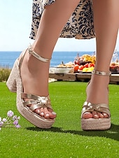 abordables Sandales de Vacances-Sandales compensées dorées pour femmes avec bride à la cheville - talons ouverts pour les rendez-vous décontractés et les tenues d&#039;été